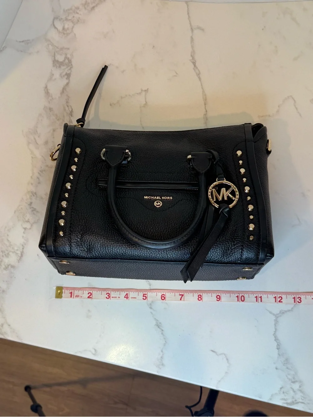 Michael Kors Black Pebbled Leather Satchel with Gold Accents
